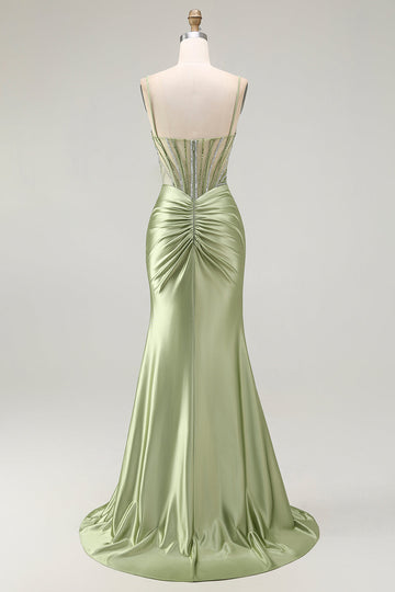 Sparkly Green Mermaid Corset Beaded Satin Long Formal Dress with Slit